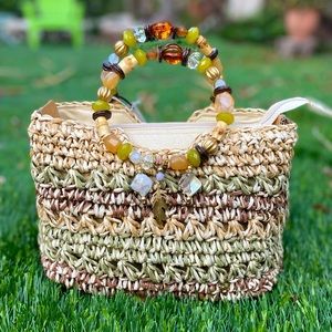 NWT- Handmade- Multi colored straw, glass beading, shells, wooden beading, gems